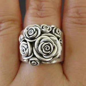 Boho925 Silver Plated New Women Fashion Vintage Style Rose Flower Ring Size 5-11 - Picture 1 of 5