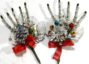 Xmas Corsages Red Bows Mercury Glass Spikes Pinecones Snow Silver Leaves 6" x3" - Picture 1 of 7