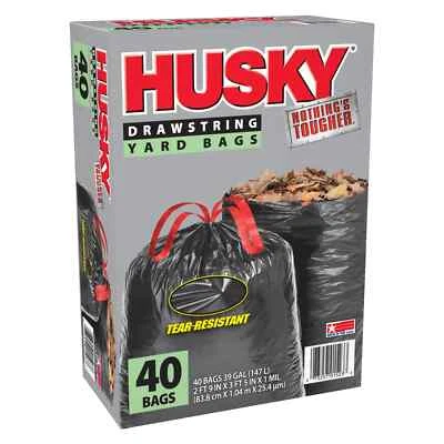 New Husky Yard Drawstring Black Bags 39 Gallon Large Trash Bags, 40 Bags 20% PCR