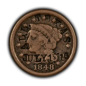 1848 1c Large Cent - Counterstamp Birthday Token ALL Texas July 1 16 - Z5110 - Picture 1 of 4
