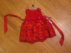 NWT Girls Red Dress Tie Back Princess Sequins Flowers Well Made Size 12 months - Picture 1 of 3