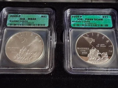 2005-P Marine Corps USMC ICG SILVER  PR69 DCAM/ SILVER MS69  250th Anniversary - Image 1 of 4