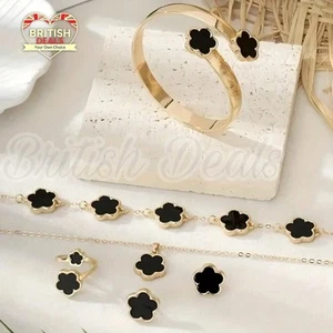 5Pcs Leaf Clover Jewellery Set For Women Necklace Earrings Bangle Ring - Picture 1 of 27