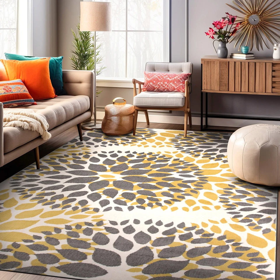 Modern Floral Circles Design Area Rugs 5' X 7' Yellow