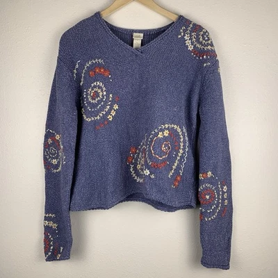 J. Jill Womens Sweater S Blue Floral Cottagecore Cabin Embroidered Grandmacore - Image 1 of 4