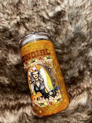 Acrylic Snow Globe 16 Oz Cups Tumbler Cowgirl Orange Glitter Retro Vibes - Image 1 of 4