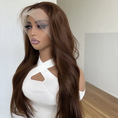 Pelucas largas lactas delanteras de encaje sintético para mujer resistente al calor marrón natural Foto 1 de 4