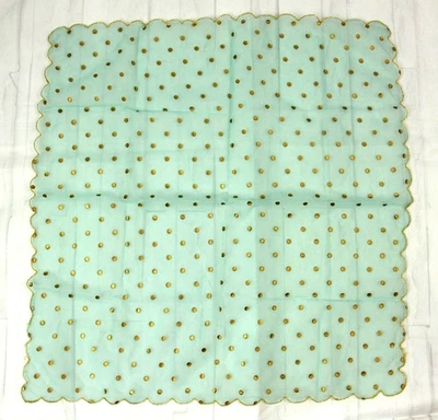 Cachecol vintage de chiffon transparente azul claro dourado bolinhas borda recortada quadrado 22" - Imagem 1 de 4