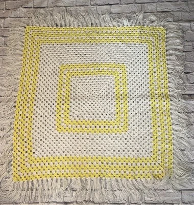 HANDMADE CROCHETED  38x39 AFGHAN THROW BLANKET Tassles Yellow White - Image 1 of 4