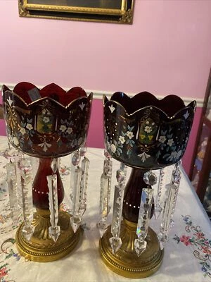 Pair Of Antique Victorian Ruby Glass Mantel Lusters FRANCE - Image 1 of 4