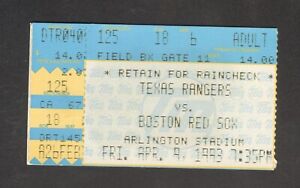 TEXAS RANGERS vs BOSTON RED SOX APRIL 9 1993 MLB TICKET STUB ARLINGTON RYAN WIN