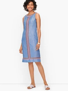 NEW $129 TALBOTS Blue Linen, Chambray Scallop Embroider Detail Shift Dress Sz 2 - Picture 1 of 5
