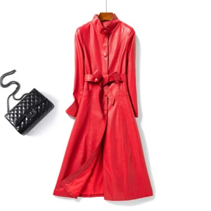 New Winter Ladies Leather Windbreaker Long Women's Red PU Leather Trench Coat - Picture 1 of 15