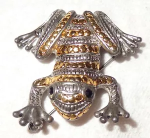 SPILLA RANA METALLO VINTAGE DAMASCENO TONO ARGENTO E TONO ORO NERO OCCHI DI PIETRA - Foto 1 di 4