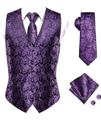 Hi-Tie Men's Silk Suit Vest Necktie Pocket Square Cufflinks Set Tuxedo Waistcoat - Image 1 of 4