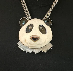 Vintage 1970s Luca Razza Resin Panda Bear Pendant Necklace Silver Tone - Picture 1 of 5