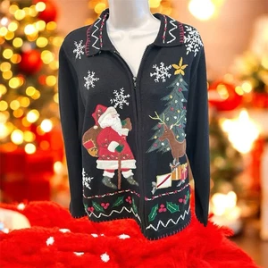 Cárdigan de Navidad Victoria Jones Suéter con Cremallera Negro Bordado Santa XL De Colección - Imagen 1 de 6