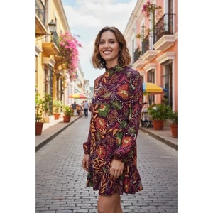 FORE Floral Paisley Print Long Sleeve Mock Neck Ruffle Mini Dress Size Large - Picture 1 of 10