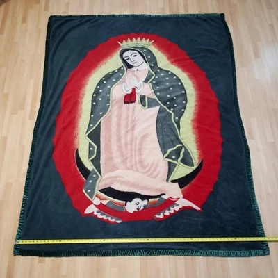 San Marcos Style Blanket 68x86 Plush Warm Reversible Mexican Flag Virgin Mary - Image 1 of 4