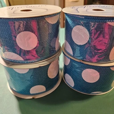  5 Rolls of Teal and White Polka Dot Wired Ribbon 2.5 Inches 10 Yards  - Image 1 of 4