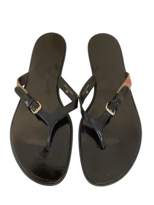 Sandálias tanga Burberry feminina Nova tamanho 9 couro preto xadrez chinelos - Imagem 1 de 4