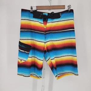 Maui & Sons Mens Sz 32 Board Shorts Swim Trunks Bright Neon Striped Swimsuit - Picture 1 of 4