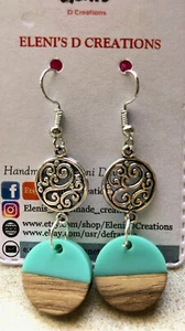 Handmade Turquoise Teal Resin & Brown Wood Round Circle Dangle Women Earrings - Picture 1 of 6