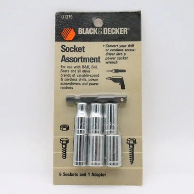 6 Pc Black & Decker 1/4" Socket Assortment 3/16" to 3/8" w/ Drill Adapter U1379 - Image 1 of 2
