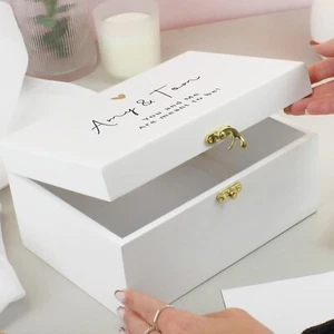 Personalised Gold Heart White Keepsake Box Photo Memory Wedding Wooden Box - Picture 1 of 8