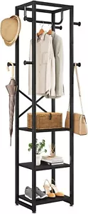 Coat Rack with Shelves Freestanding Hall Tree 3 Shelves 8 Hooks Industrial Black - Picture 1 of 7