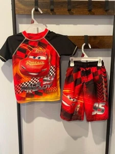 Disney Pixar Cars Lightning McQueen Rash Guard & Swim Trunks Outfit set Size 6 - Picture 1 of 3