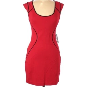EXPRESS red Dress black lines bodycon sheath cap sleeve size 2 mini - Picture 1 of 4