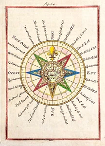 scarce compass rose chart engraved by alain mallet 1683 hand colored - Picture 1 of 3