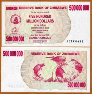 Zimbabwe 500 Million Dollars Bearer Cheque 2008 UNC Uncirculated P-60 - Picture 1 of 1