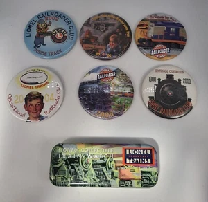Vintage LIONEL TRAINS  Tin RailRoader Club 3.5" PIN BUTTON lot of 6 + Watch Tin - Picture 1 of 6