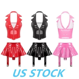 Sexy Conjunto de Lencería de Cuero PU para Mujer 2 Piezas Halter Chaleco Top con Minifalda - Imagen 1 de 46