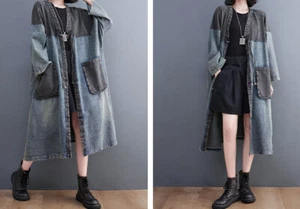 Cardigan donna anteriore aperto manica lunga denim giacca jeans cappotto taschino outwear top - Foto 1 di 13