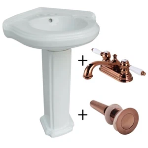 Renovator's Supply White Corner Pedestal Sink with 4" Brass Faucet & Sink Drain - Picture 1 of 5