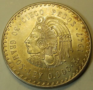 Mexico 1947 Cinco 5 Pesos .900 Silver Cuauhtemoc Aztec Warrior !!! - Picture 1 of 4
