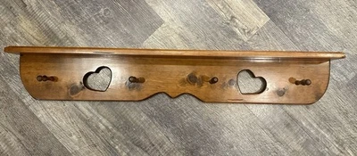 Vtg Solid Wood 2 Heart Cutouts Wall Shelf , 4 Pegs, 38” Country Cottage - Image 1 of 4