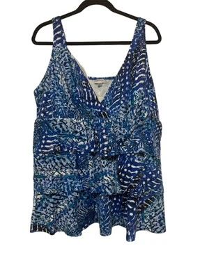 Camiseta tankini Avenue para mujer azul con estampado metálico plateado triple nivel  Foto 1 de 4