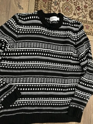 Topman Mens XL Fair Isle Crewneck Sweater Black White Long Sleeve Winter - Image 1 of 4