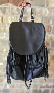 SAM EDLEMAN Black Leather Backpack Fringe Boho Drawstring Bag/Purse - Picture 1 of 22