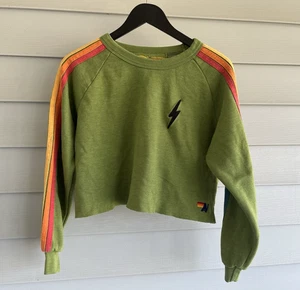 Aviator Nation Crop Sweatshirt Top Green Bolt Raw Hem Striped Sleeves Size Med - Picture 1 of 12