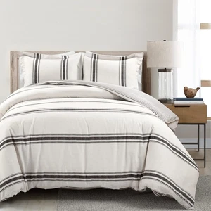 Farmhouse Stripe Reversible Cotton Duvet Cover Set 3 Piece Set, Full/ Queen B... - Picture 1 of 8