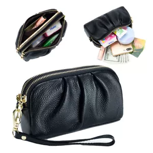 Large Capacity Womens Leather Double Zipper Clutch Wallet Handbag with Wristlet - Picture 1 of 13