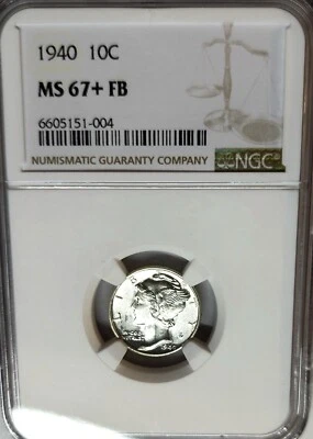 Exquisite 1940-P NGC MS67+FB Full Bands Mercury Dime Blast White Lustrous Beauty - Image 1 of 2