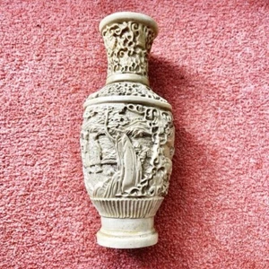Antique Ivory Cream Chinese Carved Soapstone Vase Celestial Maiden Garden Scene - Picture 1 of 7