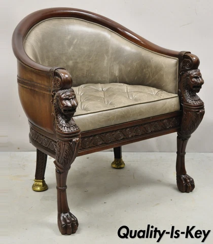 Baker Stately Homes Grey Leather Lions Head Pull Up Tub Chair Club Chair Cover