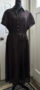 Lane Bryant Collar Shirtdress Women Size 16 Brown Belted Bling Buttons Chiffon - Picture 1 of 20